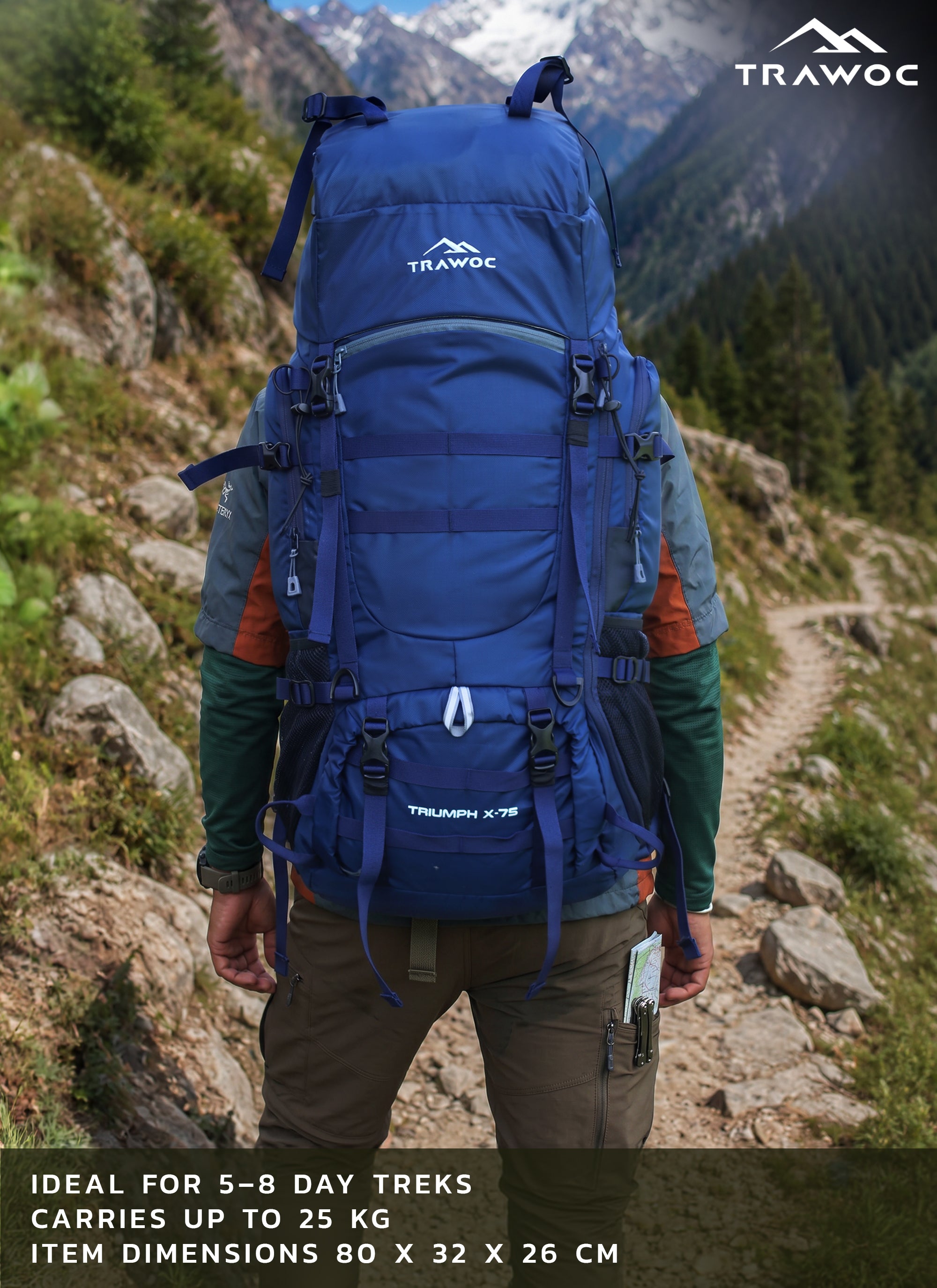 Triumph X 75 L Travel Backpack for Men & Women with Spacious Main Section & Shoe Compartment - Navy Blue