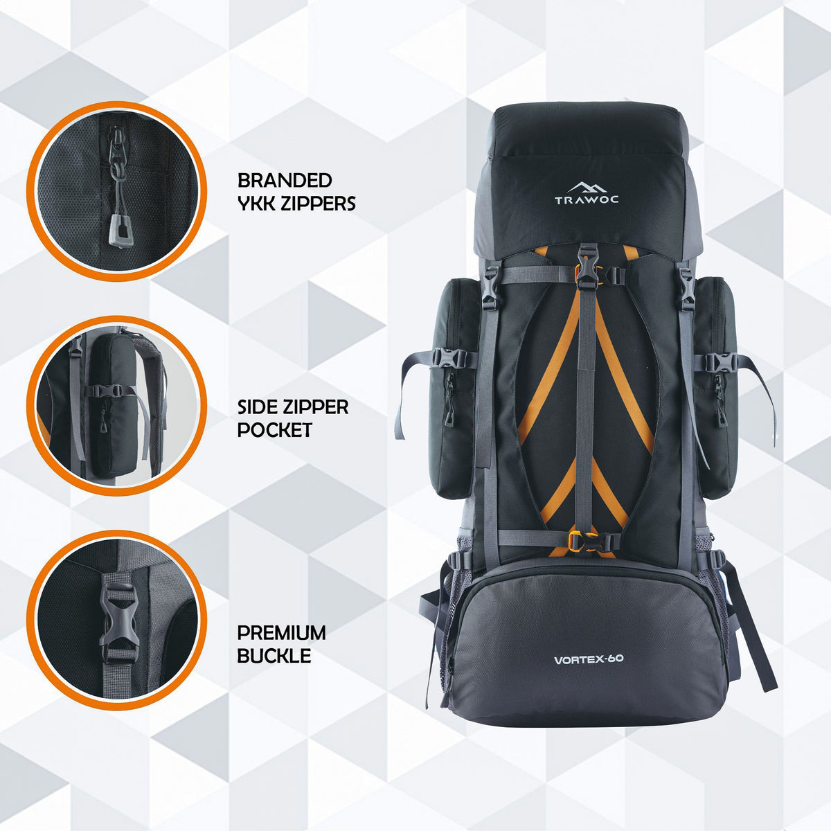 Vortex 60 L Travel Backpack with Laptop Compartment & Durable Zippers - Black