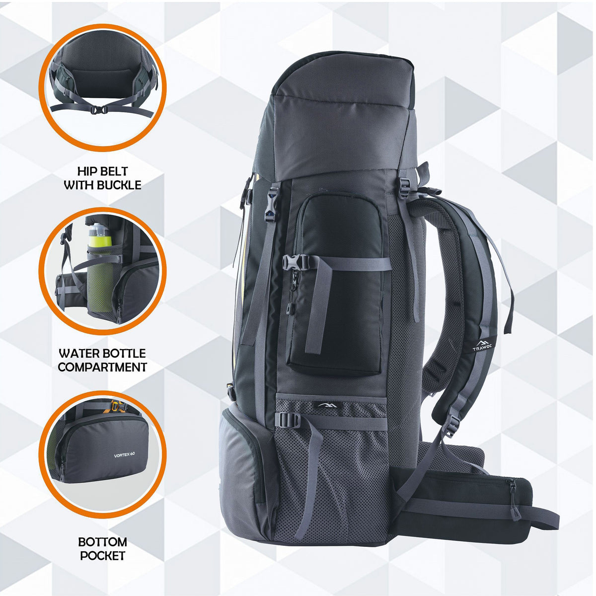 Vortex 60 L Travel Backpack with Laptop Compartment & Durable Zippers - Black