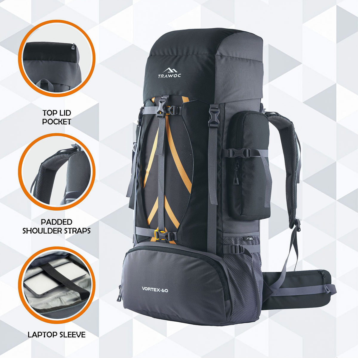 Vortex 60 L Travel Backpack with Laptop Compartment & Durable Zippers - Black