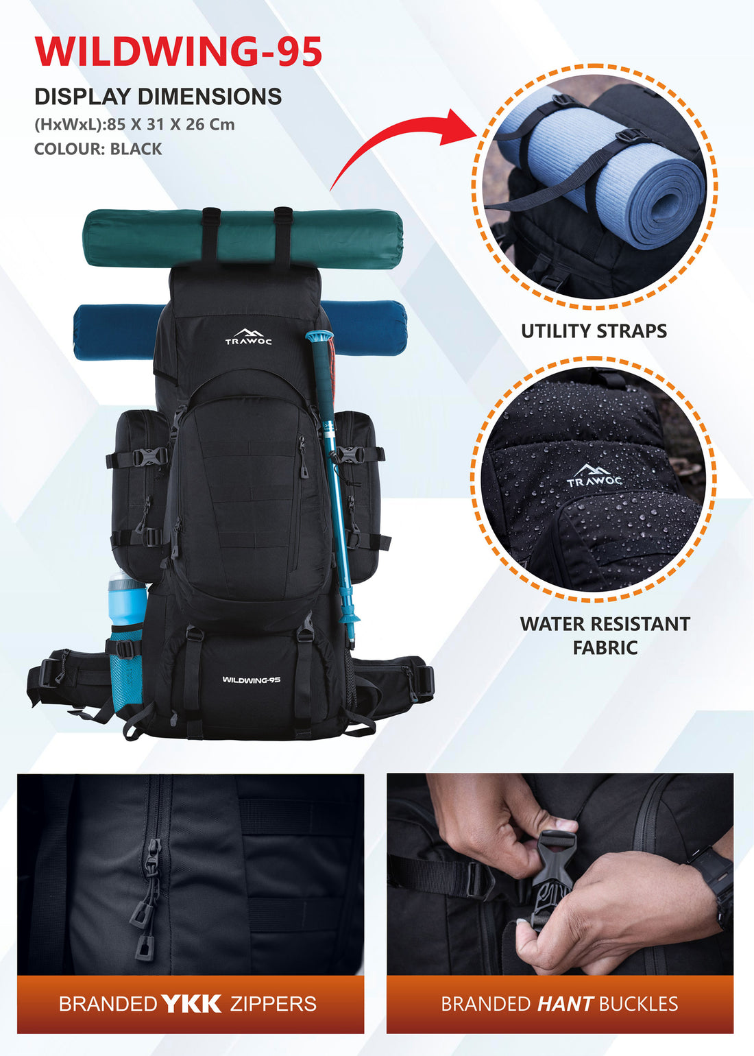 Wildwing 95L (80+15) Bag for Hiking & Travel with Shoe Compartment & Water-Resistant - Black