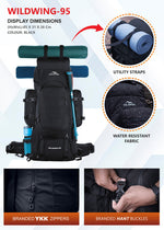 Wildwing 95L (80+15) Bag for Hiking & Travel with Shoe Compartment & Water-Resistant - Black