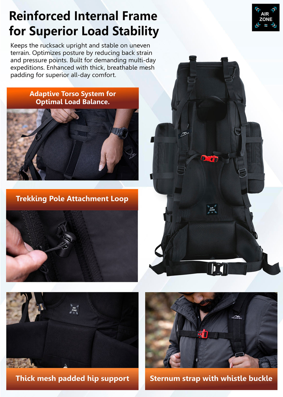 Wildwing 95L (80+15) Bag for Hiking & Travel with Shoe Compartment & Water-Resistant - Black