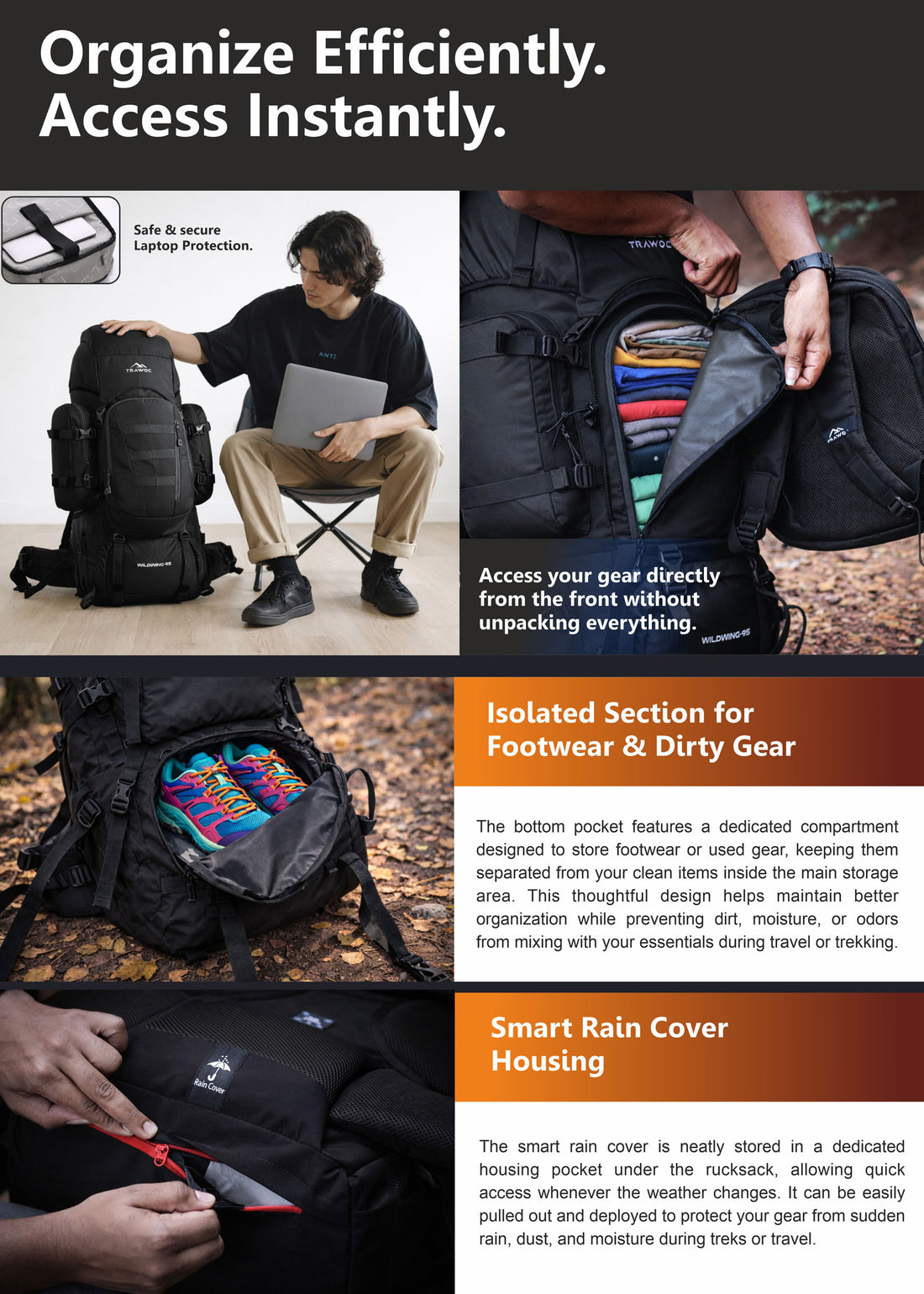 Wildwing 95L (80+15) Bag for Hiking & Travel with Shoe Compartment & Water-Resistant - Black