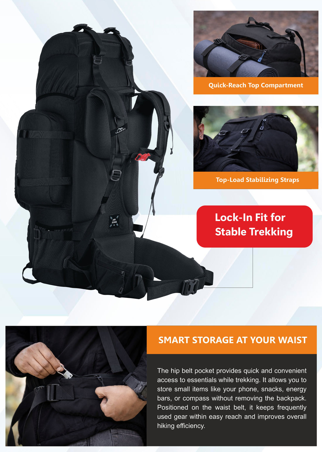 Wildwing 95L (80+15) Bag for Hiking & Travel with Shoe Compartment & Water-Resistant - Black