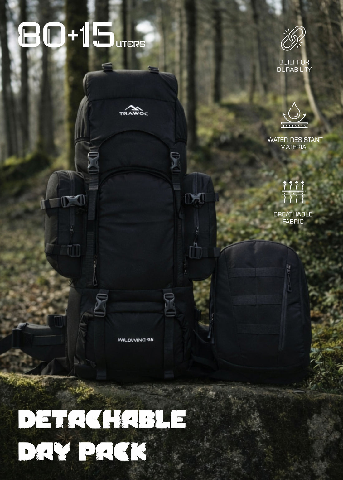 Wildwing 95L (80+15) Bag for Hiking & Travel with Shoe Compartment & Water-Resistant - Black