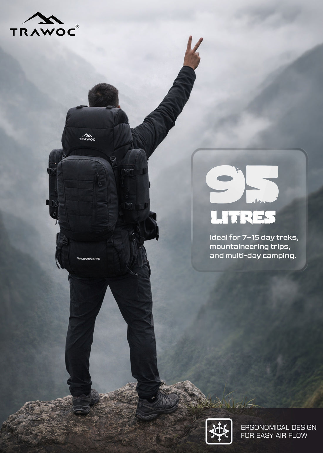 Wildwing 95L (80+15) Bag for Hiking & Travel with ShoeCompartment & Water-Resistant – TRAWOC
