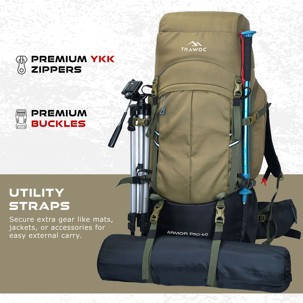 Armor Pro 60L Backpack for Men & Women with Water-Resistant Fabric - Olive Green