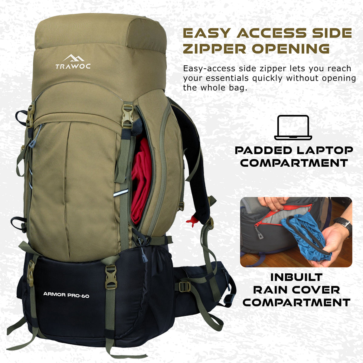 Armor Pro 60L Backpack for Men & Women with Water-Resistant Fabric - Olive Green