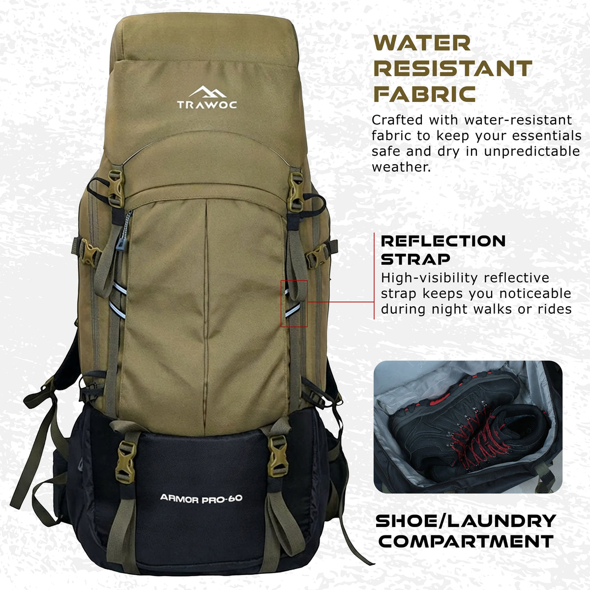 Armor Pro 60L Backpack for Men & Women with Water-Resistant Fabric - Olive Green
