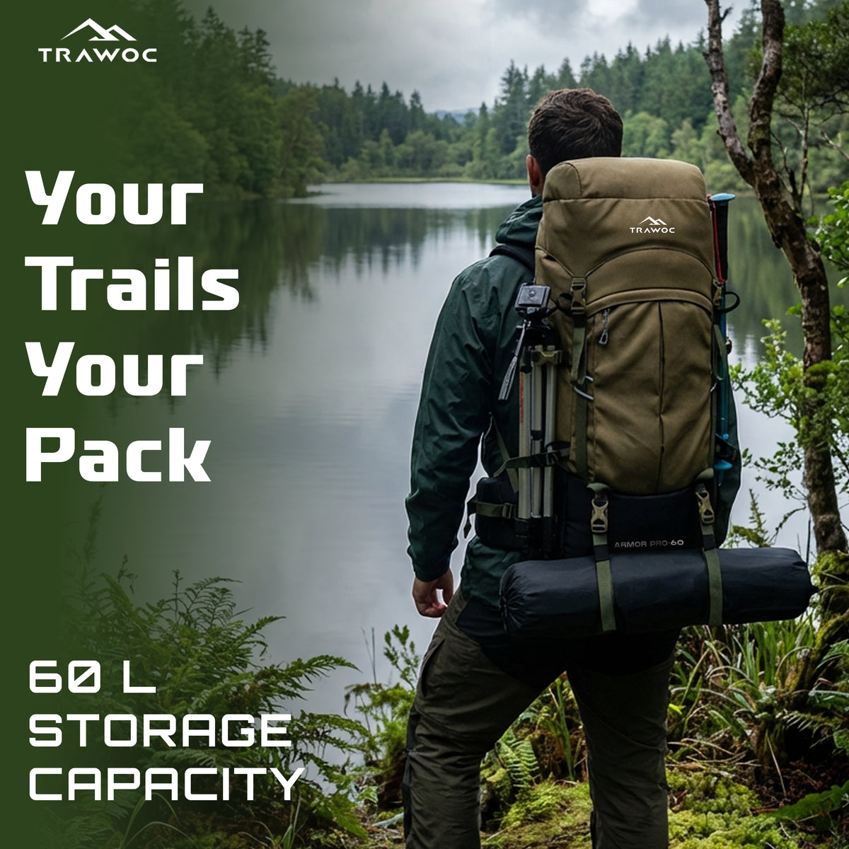 Armor Pro 60L Backpack for Men & Women with Water-Resistant Fabric - Olive Green