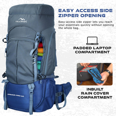 Armor Pro 60L Backpack for Men & Women with Water-Resistant Fabric -NavyBlue