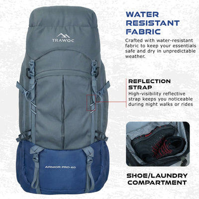 Armor Pro 60L Backpack for Men & Women with Water-Resistant Fabric -NavyBlue