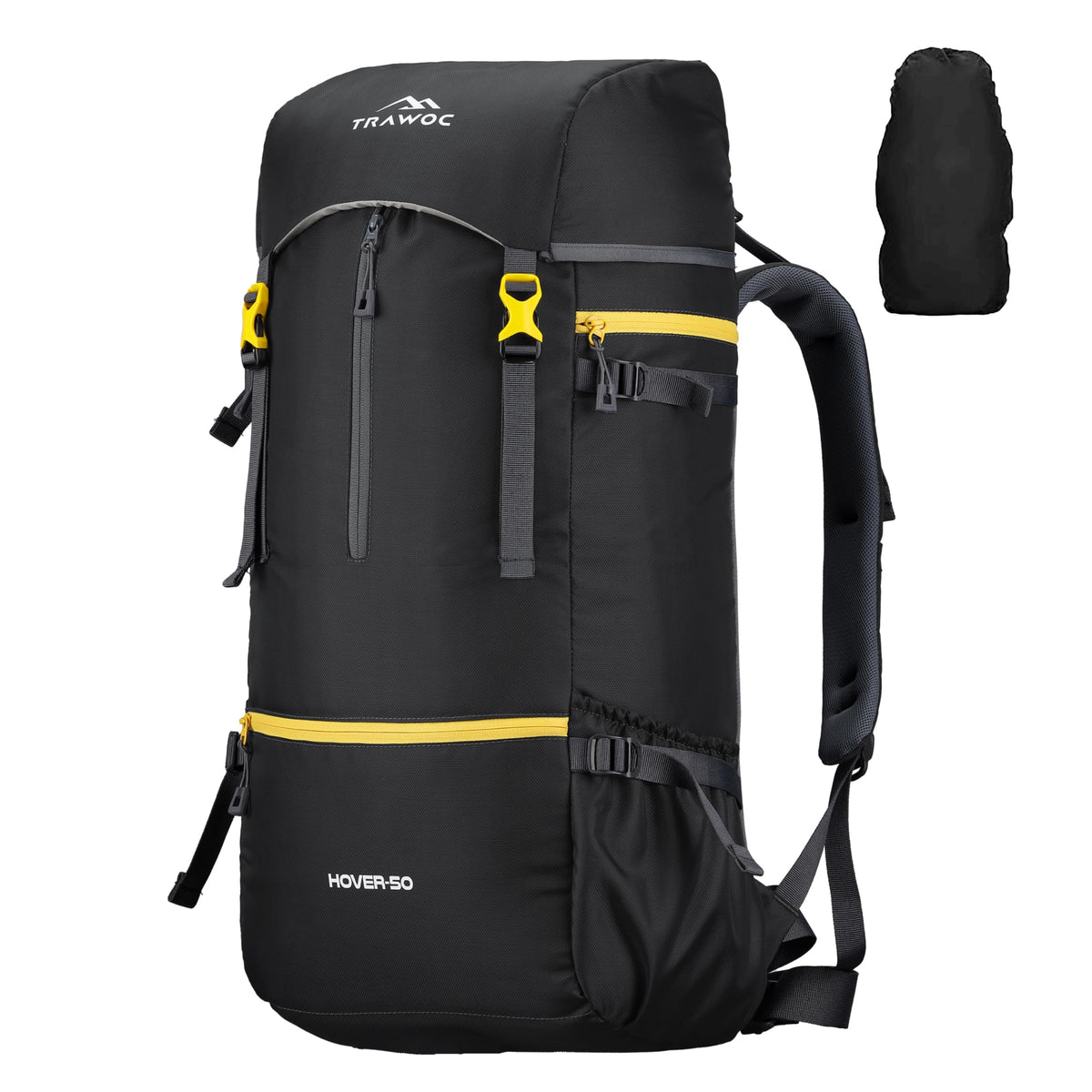 Hover 50L Backpack for Men & Women, Light weight with Multi-Pocket & Rain Cover - Black
