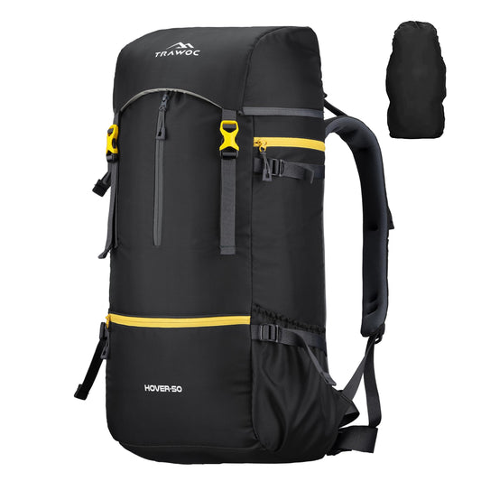 Hover 50L Backpack for Men & Women, Light weight with Multi-Pocket & Rain Cover - Black