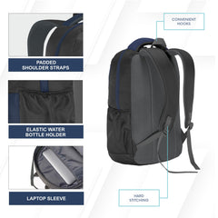 Back side view of the CPB02 26L Laptop Backpack in grey, highlighting its ergonomic design and comfort features. The padded shoulder straps are adjustable for a customized fit, while the breathable mesh back panel promotes airflow to reduce discomfort during extended wear. The sleek grey fabric is complemented by reinforced stitching for durability.