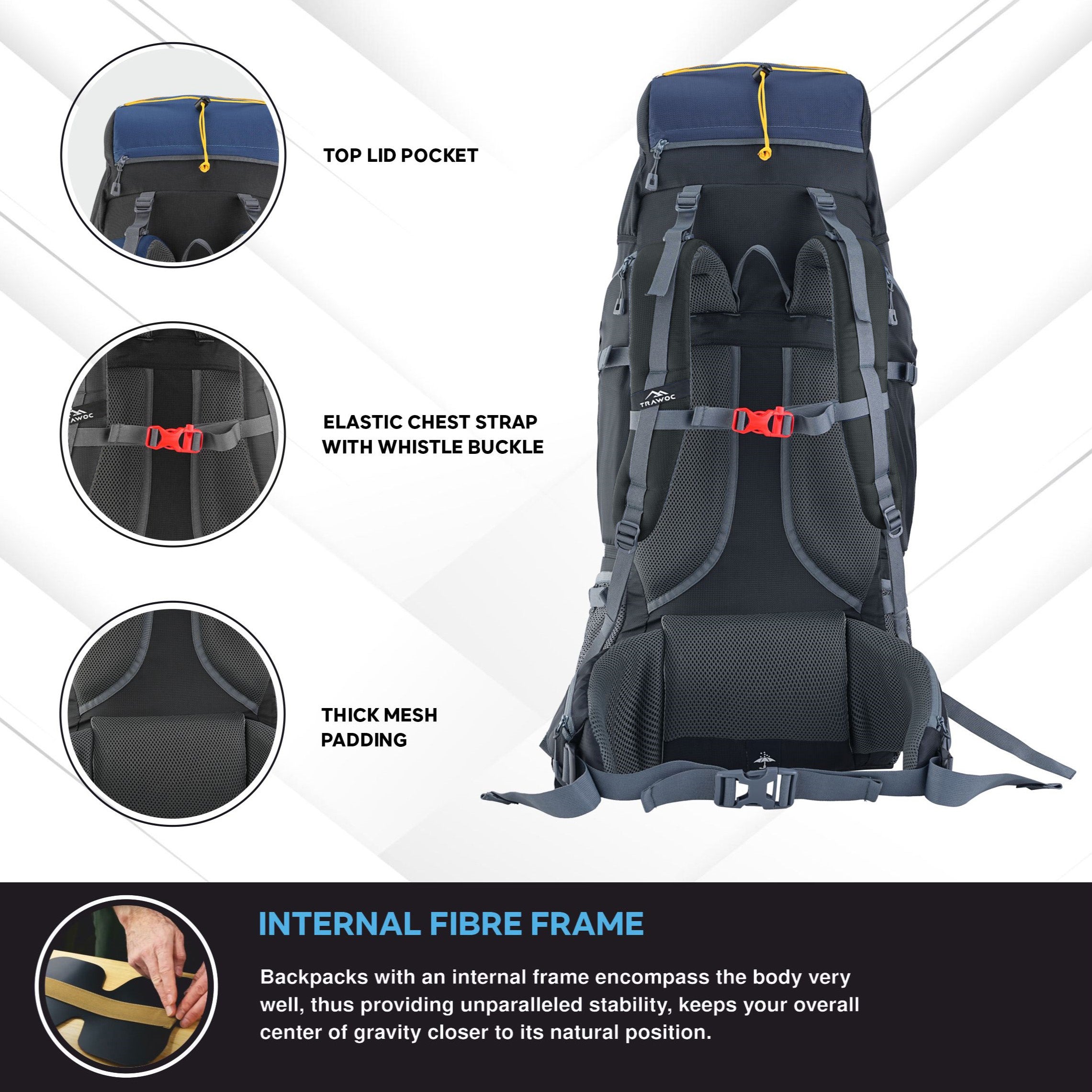 Back view of the VALOR MAX-75 Rucksack in navy blue, highlighting the ergonomic padded back panel for enhanced comfort, adjustable shoulder straps with quick-release buckles for a secure fit, a reinforced top handle for easy carrying, and a breathable mesh ventilation system, designed to provide support and airflow during outdoor activities.