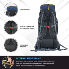 Back view of the VALOR MAX-75 Rucksack in navy blue, highlighting the ergonomic padded back panel for enhanced comfort, adjustable shoulder straps with quick-release buckles for a secure fit, a reinforced top handle for easy carrying, and a breathable mesh ventilation system, designed to provide support and airflow during outdoor activities.