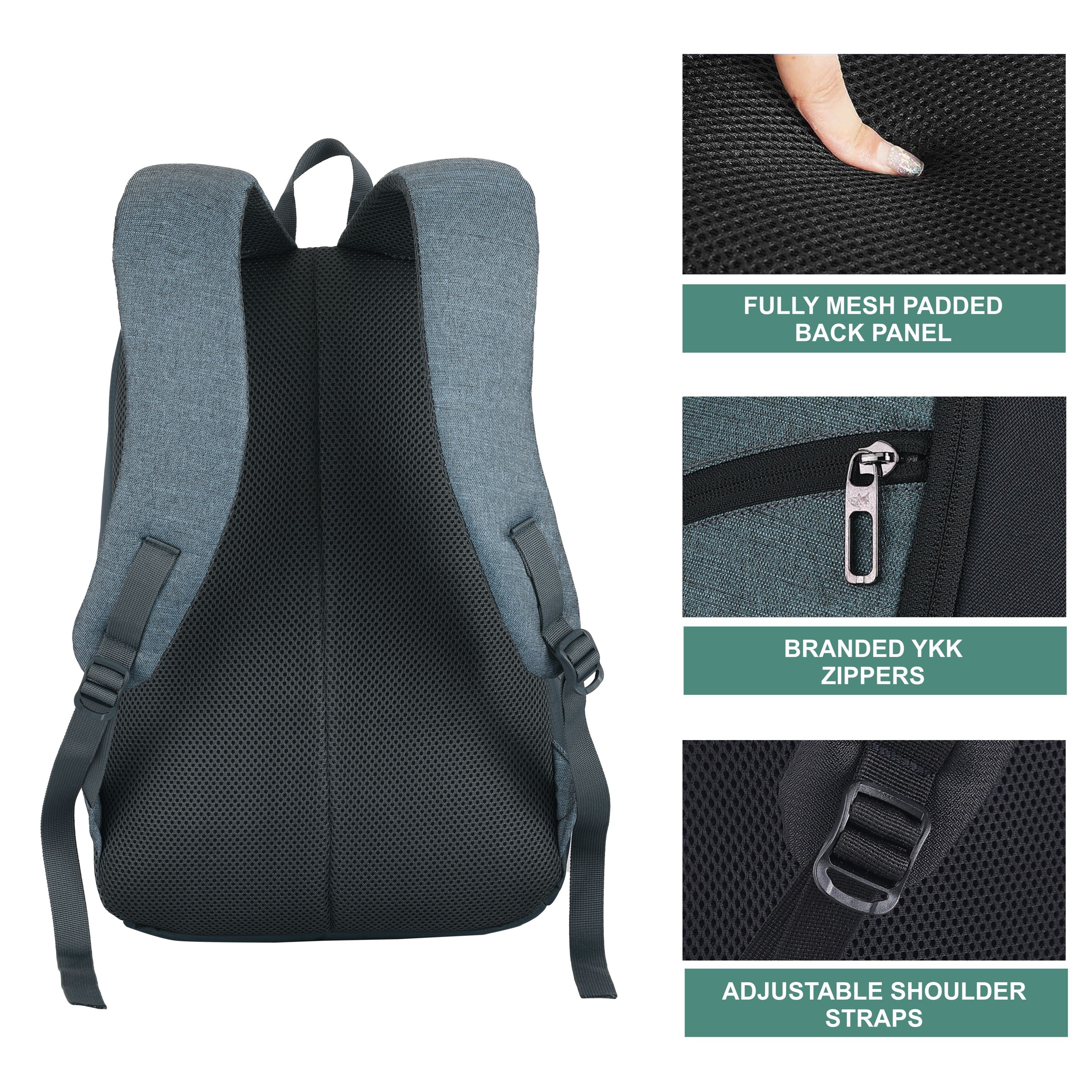 Back view of the CARRIZ Casual Backpack - CB01 in grey, showcasing its ergonomic design and comfort features. The padded shoulder straps are adjustable for a personalized fit, while the breathable mesh back panel enhances ventilation and comfort during wear. The sleek silhouette is complemented by a top handle for easy carrying.
