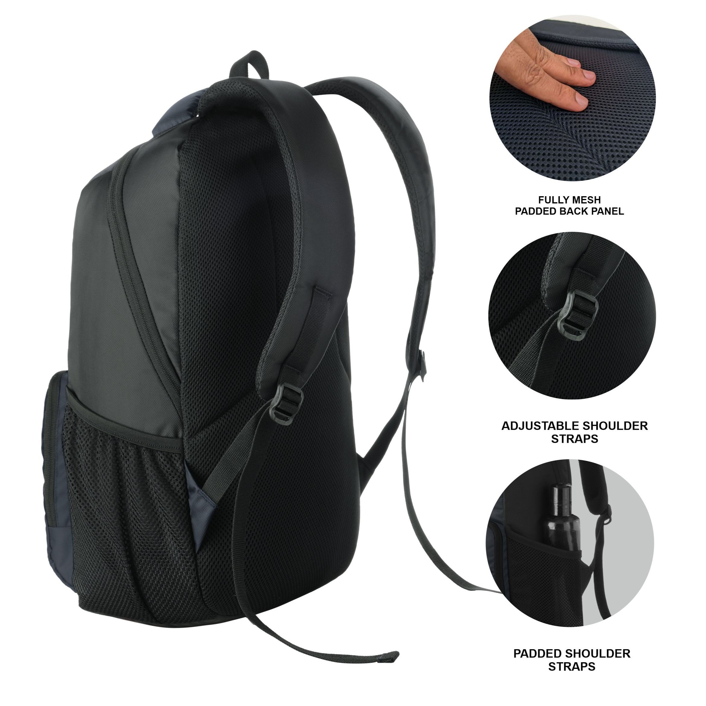 Back view of the CARRIZ Casual Backpack - LB02 in grey, highlighting padded and adjustable shoulder straps for comfort, a sleek design with breathable mesh backing, and a sturdy construction. The back panel is ergonomically designed for support during extended wear.