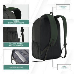 Back view of the CPB06 25L Laptop Backpack in green, highlighting its ergonomic features and design. The backpack showcases adjustable padded shoulder straps that provide comfort and support during wear, along with a breathable mesh back panel for improved airflow. The durable green fabric is complemented by a top handle for easy carrying.