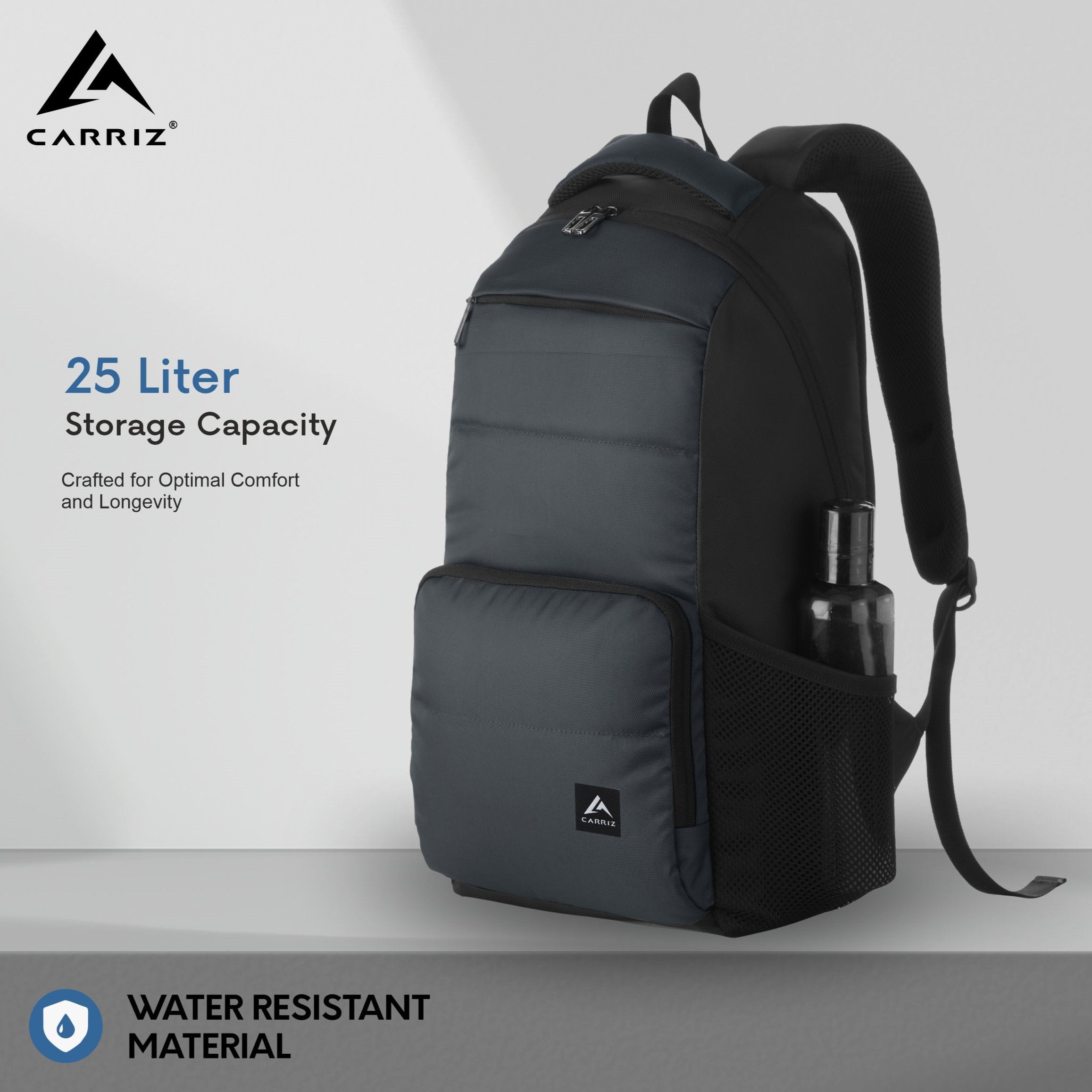 Illustration of the CARRIZ Casual Backpack - LB02 in grey, showcasing its spacious capacity with a large main compartment, multiple pockets, and a dedicated laptop sleeve. The backpack is designed to hold everyday essentials like books, a 15-inch laptop, water bottles, and more, making it ideal for school, work, or travel.