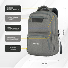 TPB04 - 30L Laptop Backpack   16-Inch Compartment, USB Charging Port -Ash grey