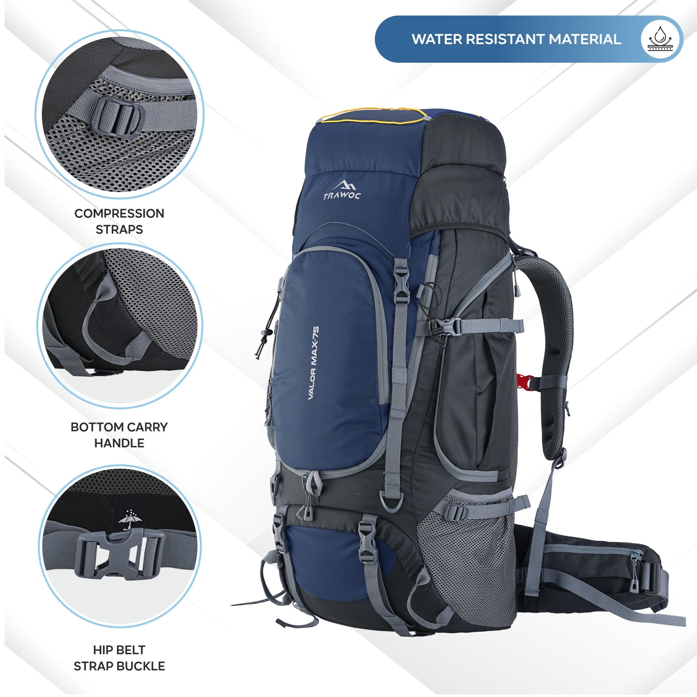Detailed view of the VALOR MAX-75 Rucksack in navy blue, highlighting its robust design with a spacious main compartment featuring a dual-zipper closure, multiple front and side pockets for organized storage, adjustable padded shoulder straps for comfort, a sternum strap for stability, and reinforced stitching for durability, all tailored for outdoor adventures and travel.
