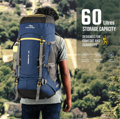 TREKELITE 60L  Backpack Hiking Trekking  Rucksack  with Water Proof Rain Cover - Navyblue