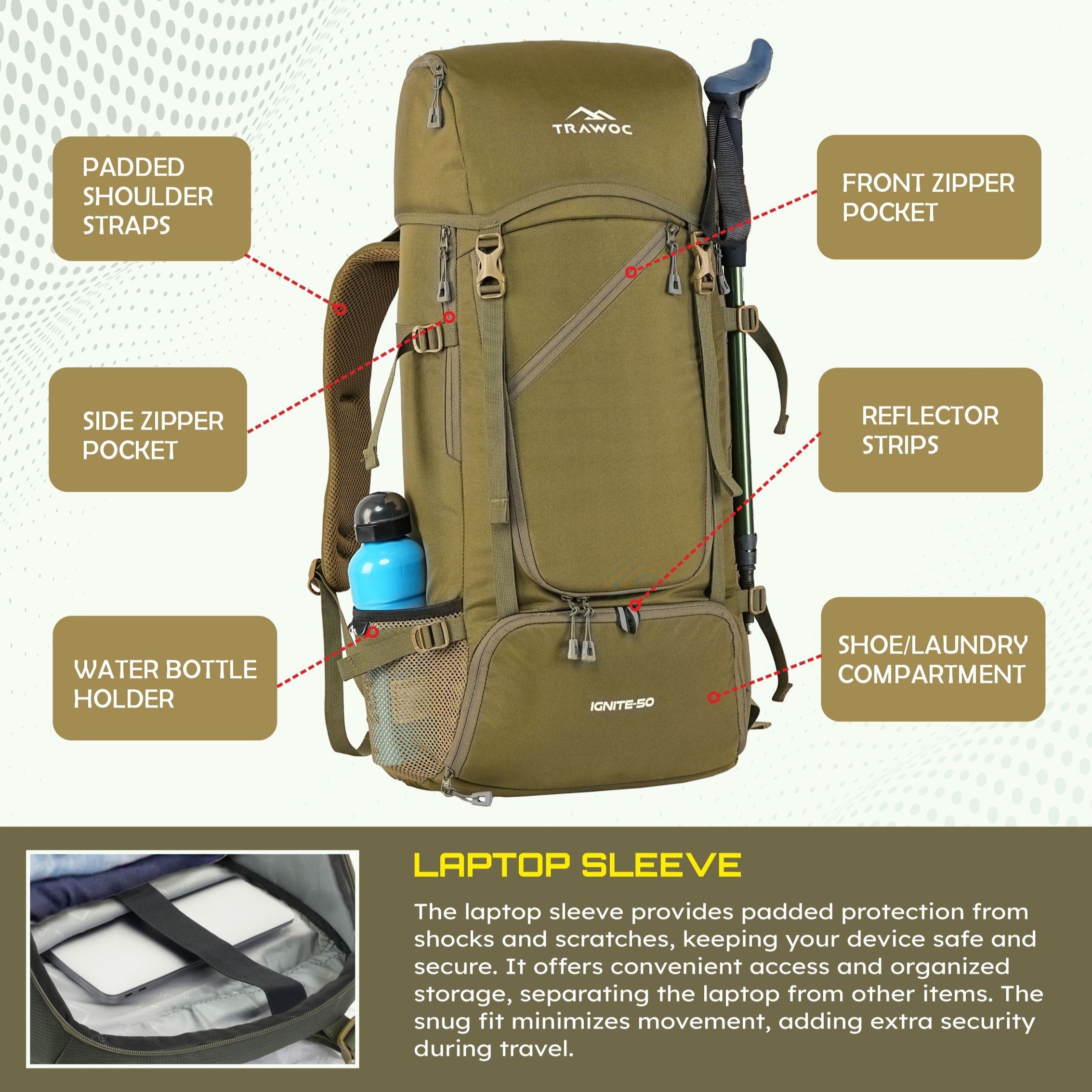 IGNITE 50 L travel Bag Front & Top Open Backpack with Rain C – TRAWOC