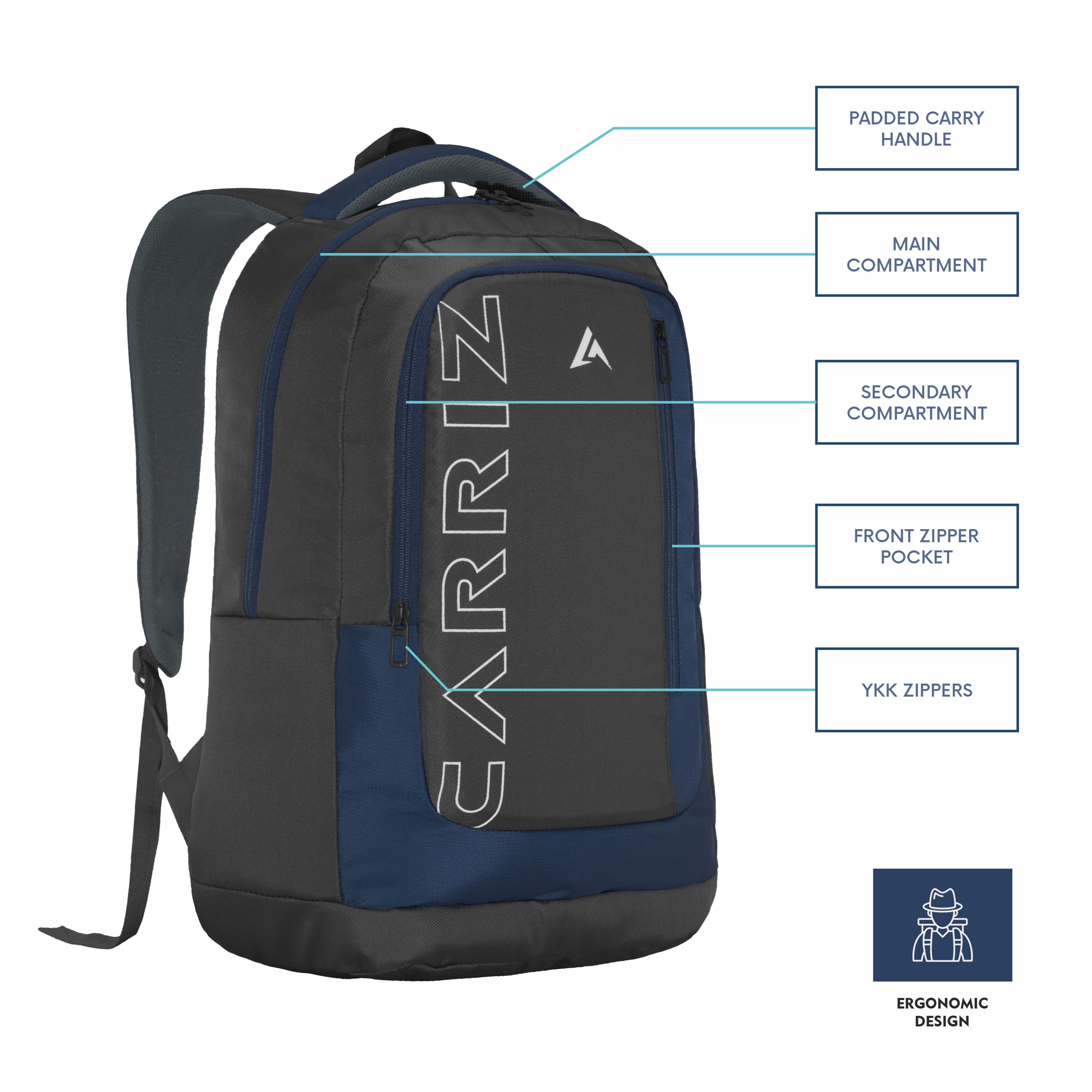 Front view of the CPB02 26L Laptop Backpack in grey, highlighting its functional and stylish design. The backpack features a spacious main compartment with a padded laptop sleeve that securely accommodates most 15-inch laptops. A large front zippered pocket is prominently displayed for easy access to essentials, while additional smaller pockets provide organization for items like pens and chargers.