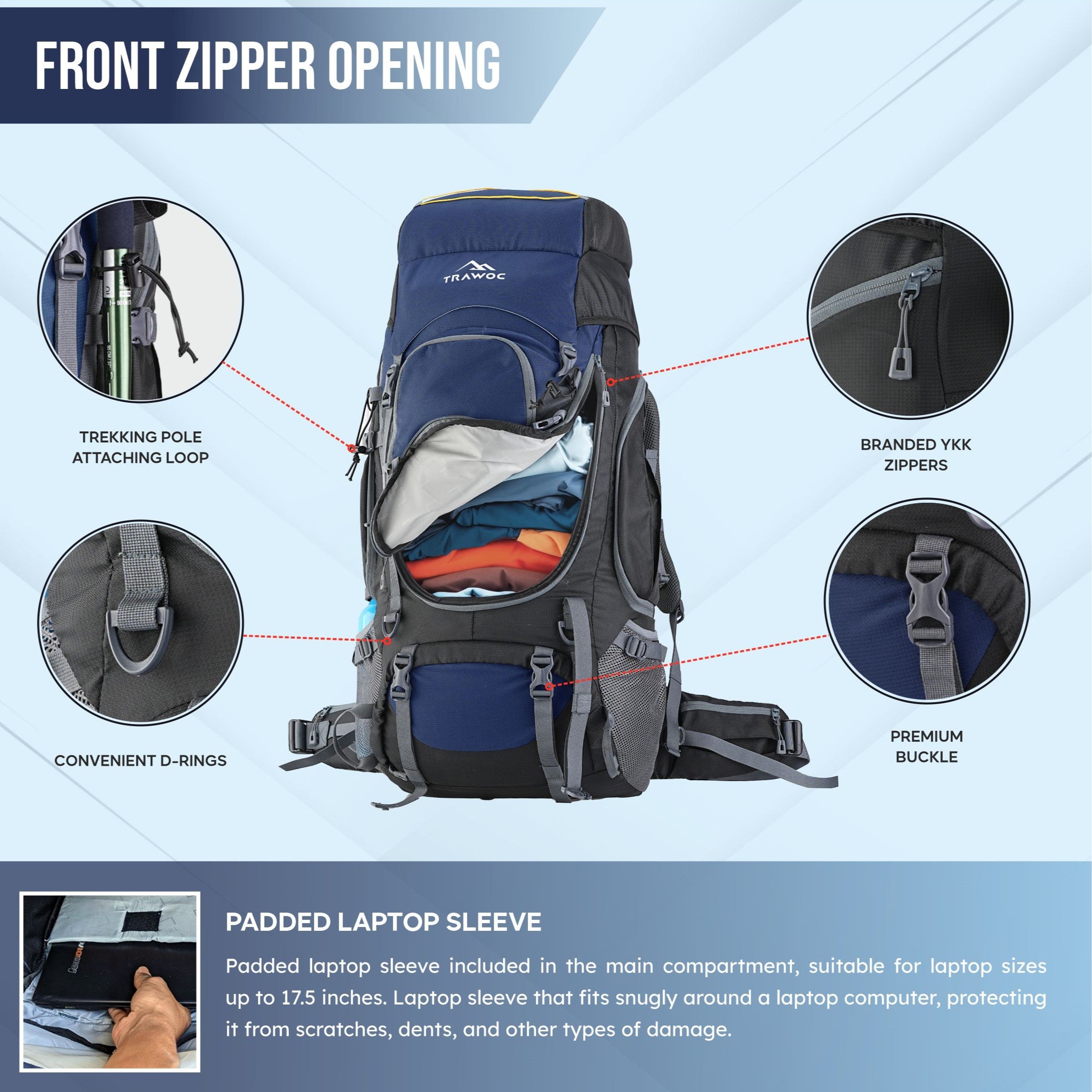Front view of the VALOR MAX-75 Rucksack in navy blue, showcasing its spacious main compartment with a dual-zipper closure, multiple front zippered pockets for organized storage, adjustable padded shoulder straps for comfort, and a padded back panel for support, all designed for optimal functionality and style during outdoor adventures.