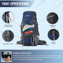 Front view of the VALOR MAX-75 Rucksack in navy blue, showcasing its spacious main compartment with a dual-zipper closure, multiple front zippered pockets for organized storage, adjustable padded shoulder straps for comfort, and a padded back panel for support, all designed for optimal functionality and style during outdoor adventures.