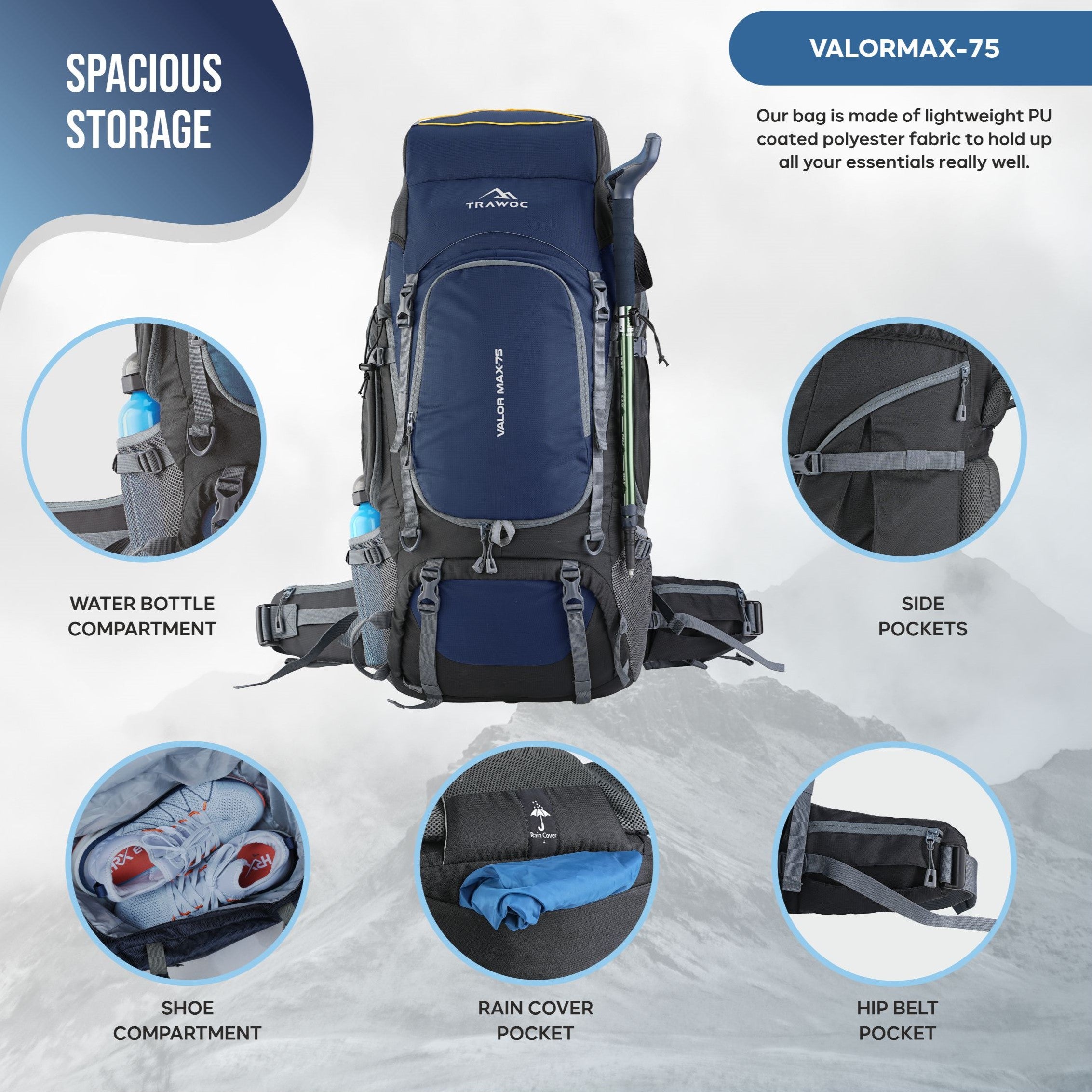 Front view of the VALOR MAX-75 Rucksack in navy blue, featuring a spacious main compartment with a dual-zipper closure for easy access, multiple front zippered pockets for organized storage of essentials, adjustable and padded shoulder straps for comfort during long hikes, a sternum strap for added stability, and reflective detailing for visibility in low light, all designed for functionality and style in outdoor adventures.