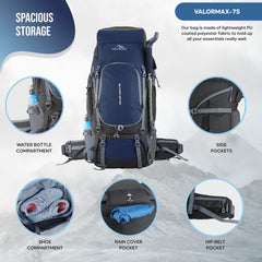 Front view of the VALOR MAX-75 Rucksack in navy blue, featuring a spacious main compartment with a dual-zipper closure for easy access, multiple front zippered pockets for organized storage of essentials, adjustable and padded shoulder straps for comfort during long hikes, a sternum strap for added stability, and reflective detailing for visibility in low light, all designed for functionality and style in outdoor adventures.