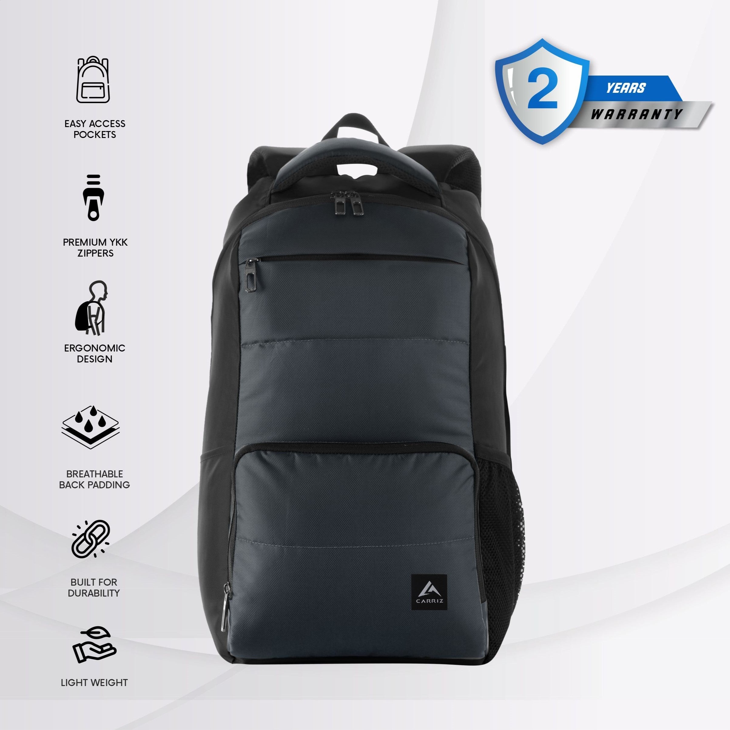 Front view of the CARRIZ Casual Backpack - LB02 in grey, showcasing a clean, stylish design with a large main compartment, front zippered pocket, and durable fabric. The adjustable shoulder straps and top carry handle are visible, making it practical and comfortable for daily use.