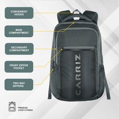 Front view of the CPB05 26L Laptop Backpack in grey, showcasing its functional and stylish design. The backpack features a spacious main compartment with a padded laptop sleeve that securely accommodates most 15-inch laptops. A large front zippered pocket is prominently displayed for easy access to essentials, while additional interior pockets provide organization for smaller items like pens, chargers, and a phone. 