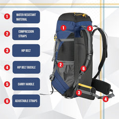 TREKELITE 60L  Backpack Hiking Trekking  Rucksack  with Water Proof Rain Cover - Navyblue