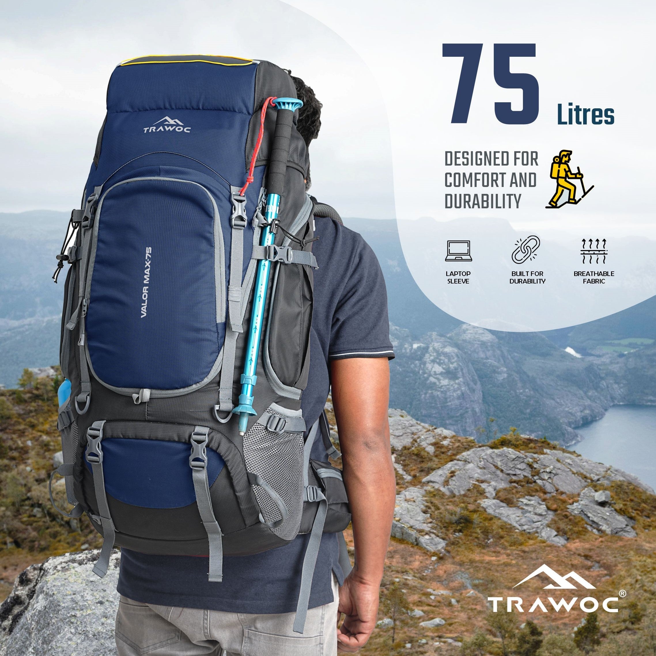 Person wearing the VALOR MAX-75 Rucksack in navy blue, demonstrating its ergonomic design and comfortable fit with adjustable straps, set against a natural outdoor setting, showcasing the rucksack's spacious compartments and practical features ideal for hiking and travel.