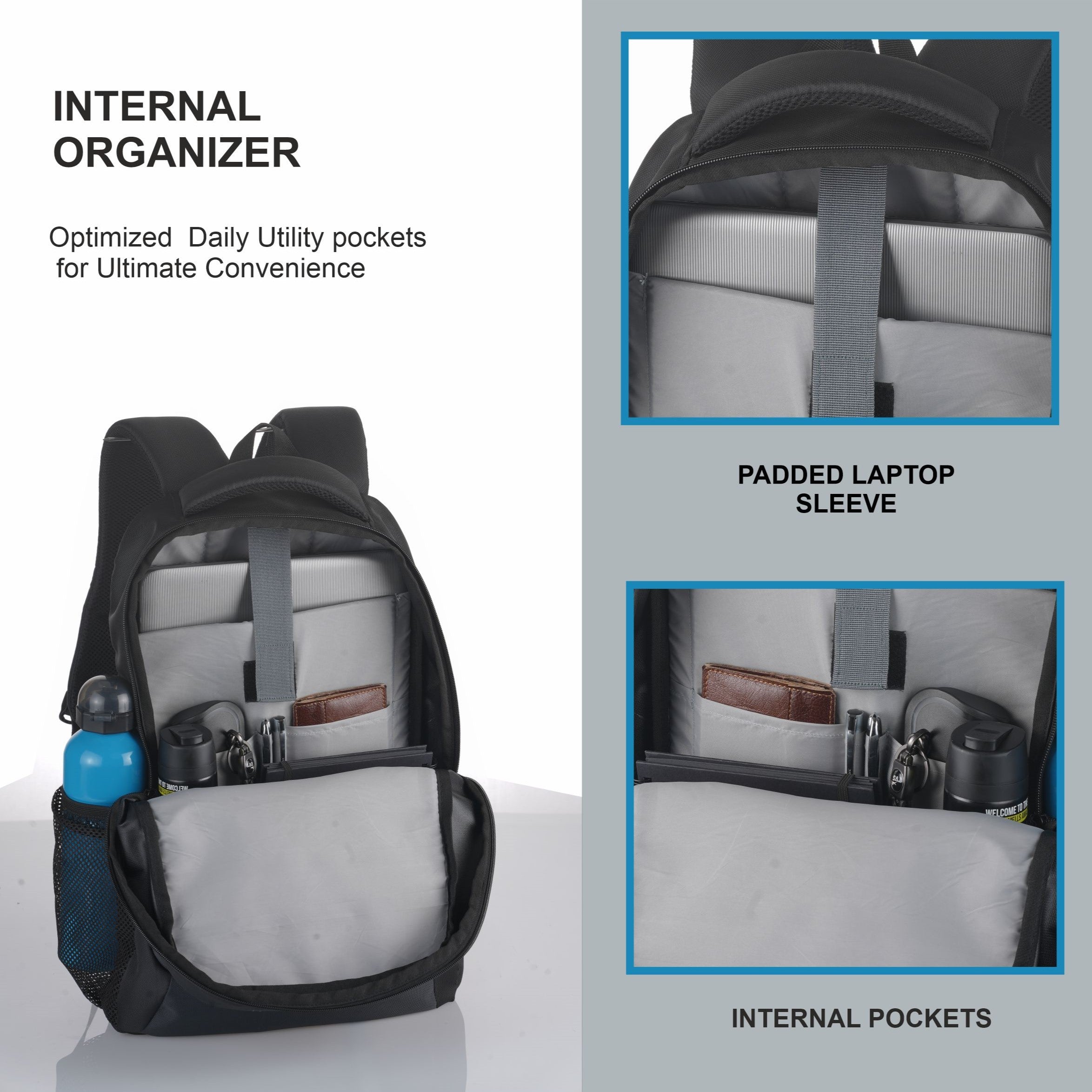 Inside view of the CARRIZ Casual Backpack - LB02 in grey, featuring a well-organized interior with multiple compartments, including a padded laptop sleeve, zippered mesh pockets, and open slots for pens, notebooks, and other essentials. The spacious design ensures efficient storage and easy access to belongings.