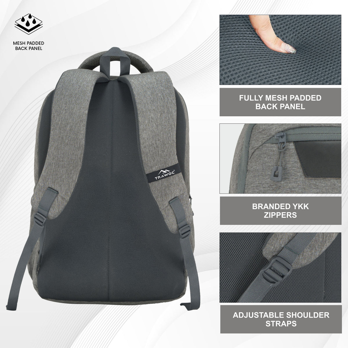 TPB04 - 30L Laptop Backpack   16-Inch Compartment, USB Charging Port -Ash grey