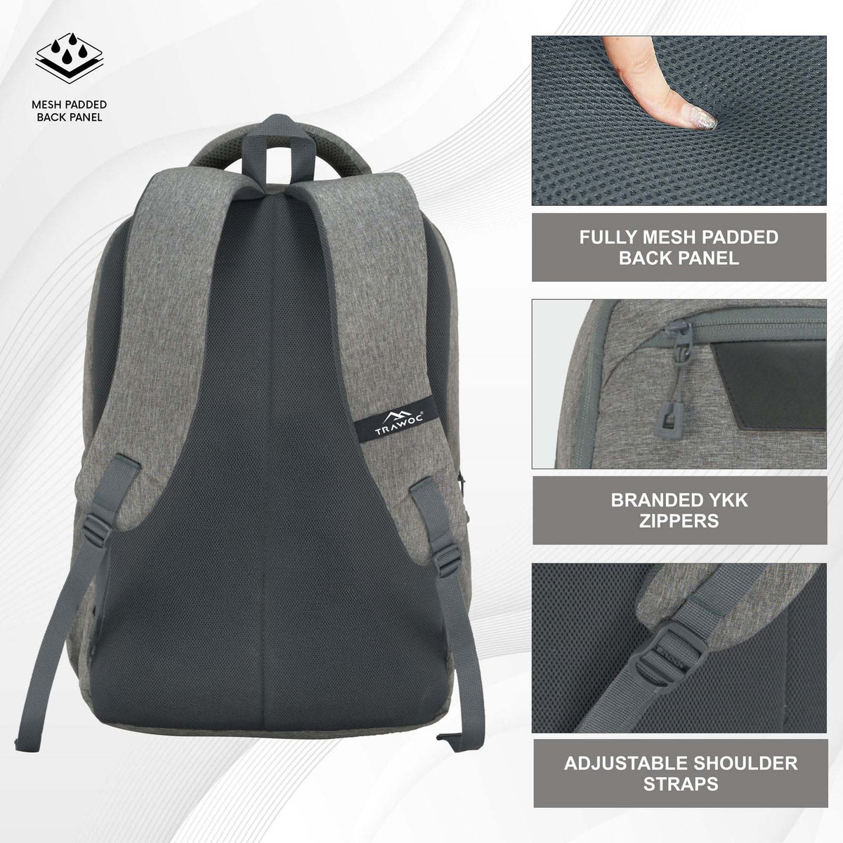 TPB04 - 30L Laptop Backpack   16-Inch Compartment, USB Charging Port -Ash grey