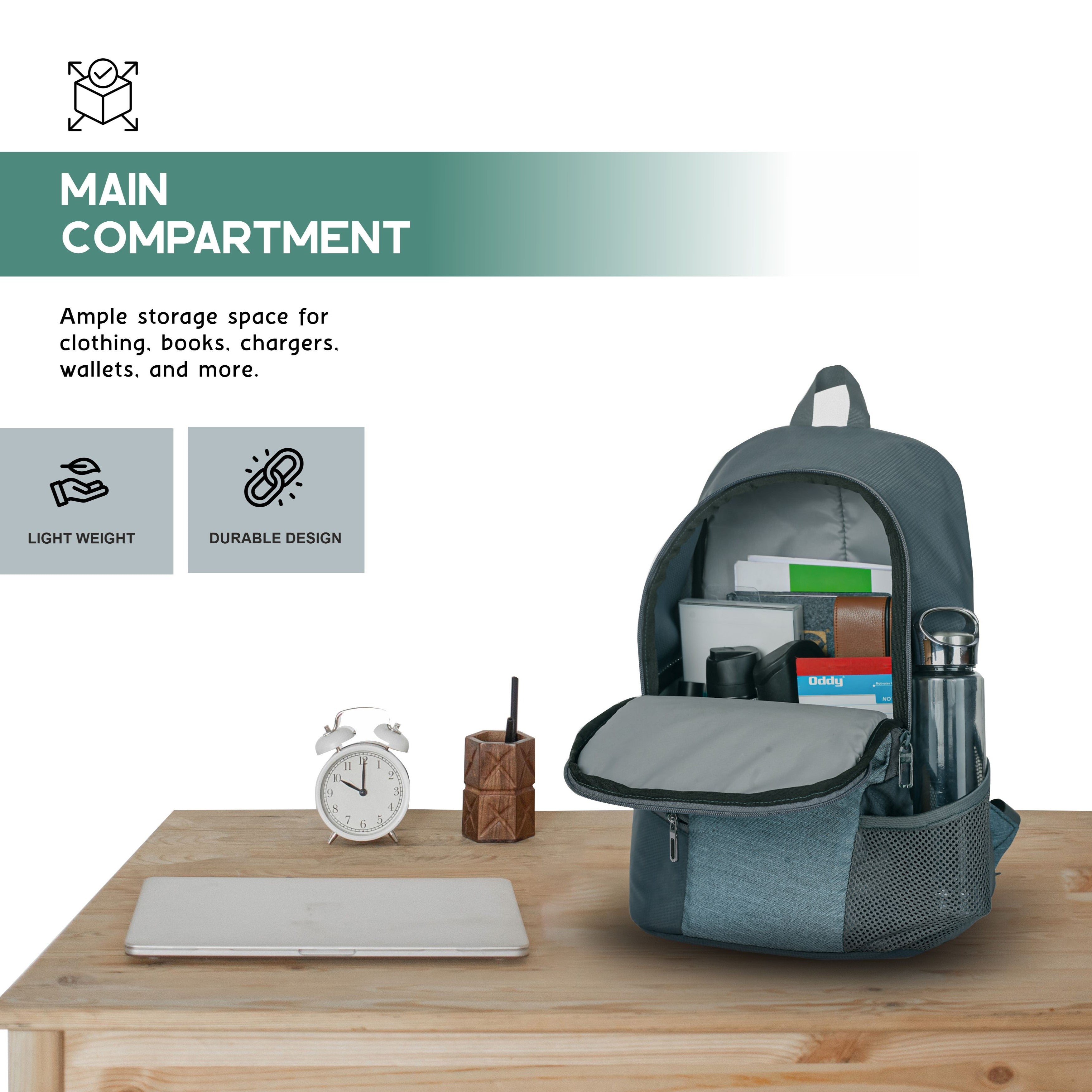 Interior view of the main compartment of the CARRIZ Casual Backpack - CB01 in grey, highlighting its spacious and organized design. The compartment features a wide opening secured with a durable zipper, providing ample room for books, a laptop, or daily essentials.