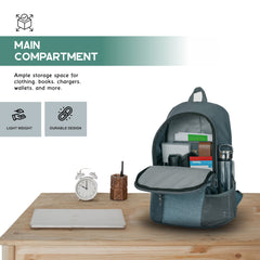 Interior view of the main compartment of the CARRIZ Casual Backpack - CB01 in grey, highlighting its spacious and organized design. The compartment features a wide opening secured with a durable zipper, providing ample room for books, a laptop, or daily essentials.