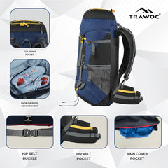 TREKELITE 60L  Backpack Hiking Trekking  Rucksack  with Water Proof Rain Cover - Navyblue
