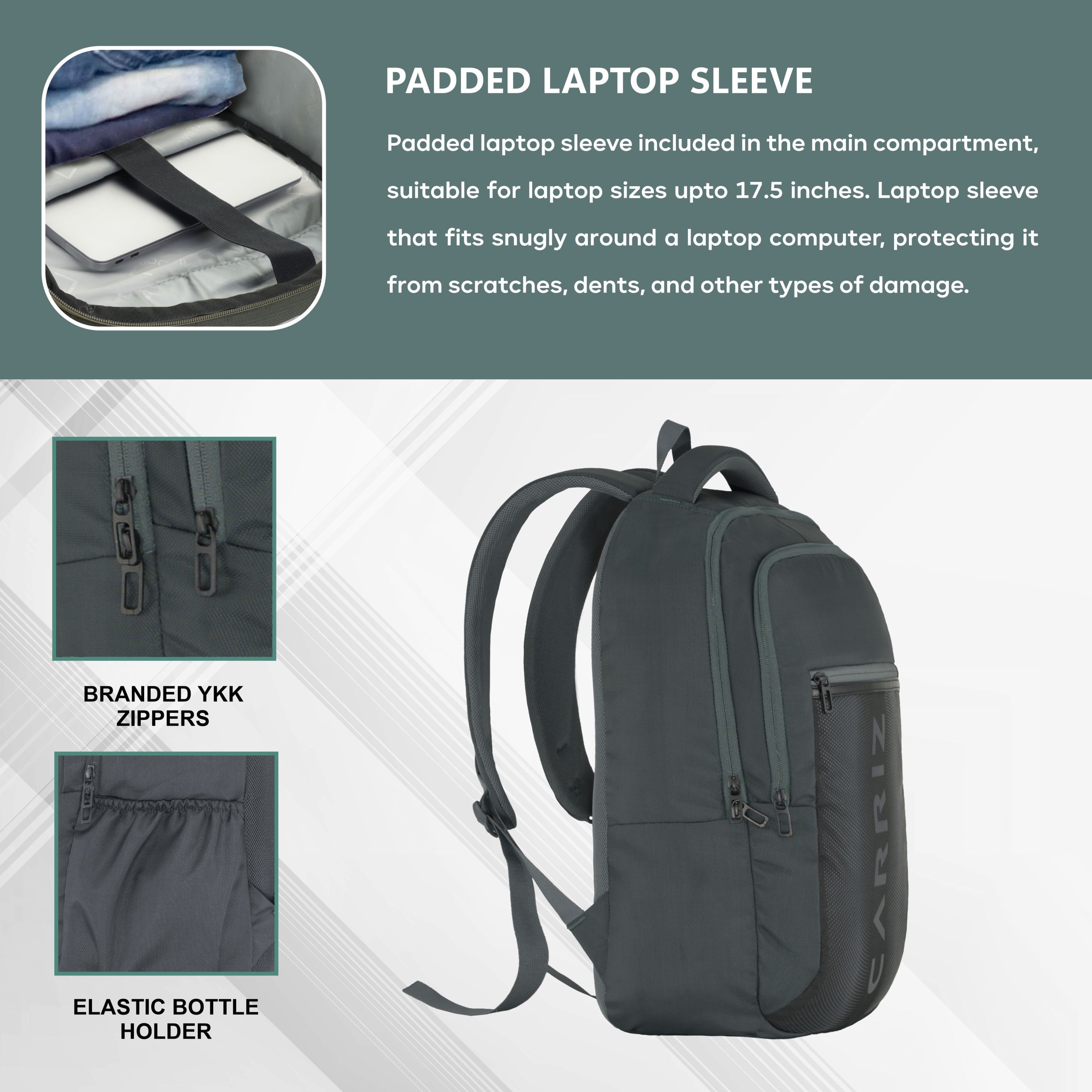 Side view of the CPB05 26L Laptop Backpack in grey, showcasing its sleek and functional design. The backpack features a streamlined silhouette with padded shoulder straps for comfort and support. One side includes a mesh pocket for convenient access to a water bottle, while the other side highlights the durable grey fabric and stitching details. 
