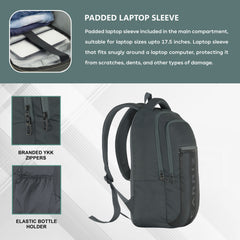 Side view of the CPB05 26L Laptop Backpack in grey, showcasing its sleek and functional design. The backpack features a streamlined silhouette with padded shoulder straps for comfort and support. One side includes a mesh pocket for convenient access to a water bottle, while the other side highlights the durable grey fabric and stitching details. 