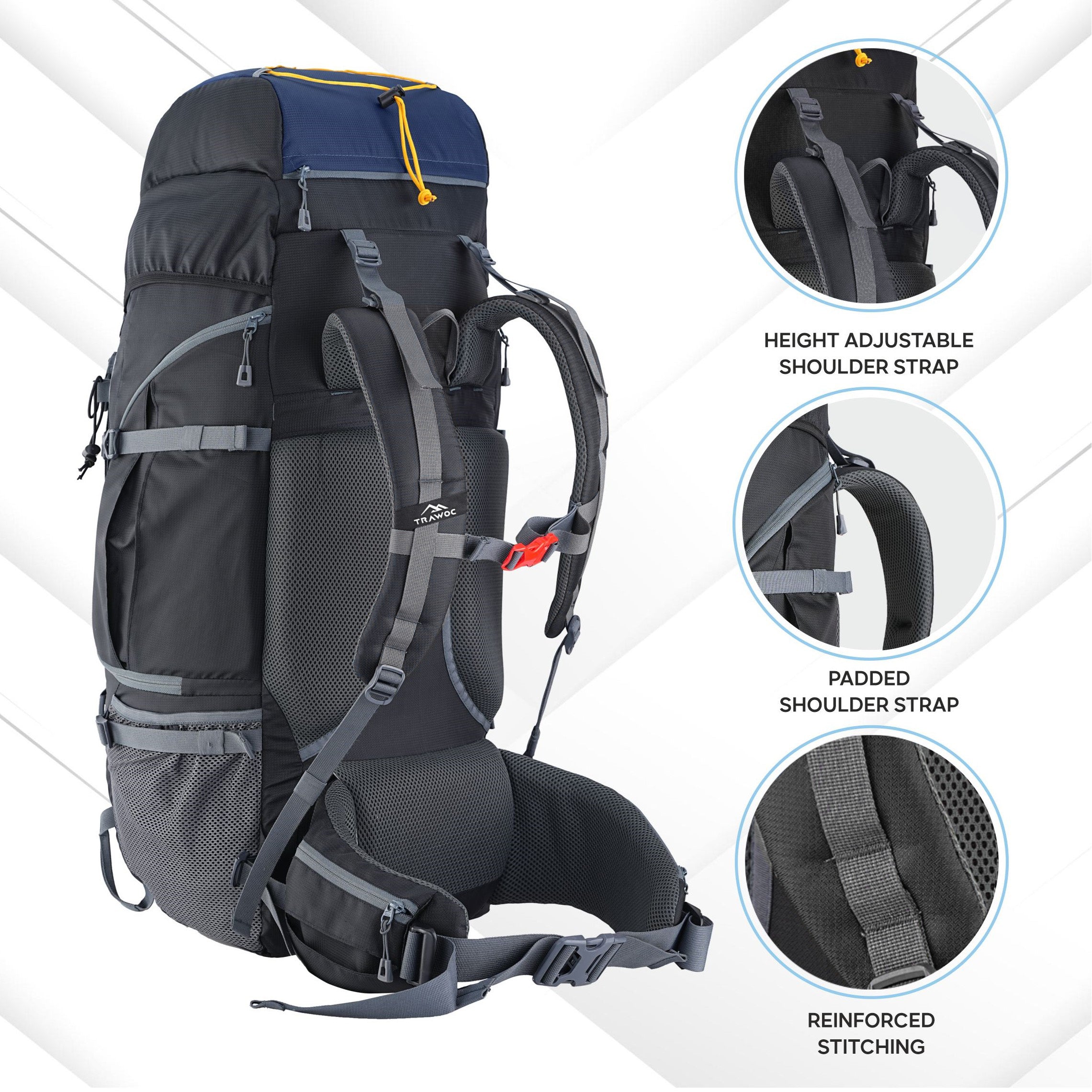 Side view of the VALOR MAX-75 Rucksack in navy blue, showcasing its streamlined silhouette with adjustable side compression straps for load stabilization, a convenient side mesh pocket for easy access to water bottles or small items, and durable fabric construction, emphasizing its practicality and suitability for hiking and outdoor activities.