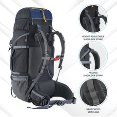 Side view of the VALOR MAX-75 Rucksack in navy blue, showcasing its streamlined silhouette with adjustable side compression straps for load stabilization, a convenient side mesh pocket for easy access to water bottles or small items, and durable fabric construction, emphasizing its practicality and suitability for hiking and outdoor activities.