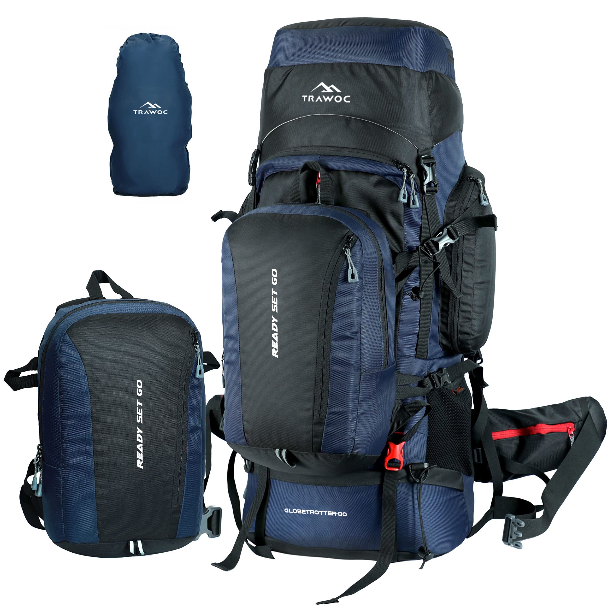 A close-up view of the GLOBETROTTER-80 rucksack in navy blue, highlighting its sleek design and practical features. The thumbnail showcases the spacious main compartment with a secure zip closure, multiple exterior pockets for organized storage, and adjustable straps for a customizable fit. The durable fabric and reinforced stitching are visible, emphasizing the rucksack's rugged construction for outdoor adventures and travel.
